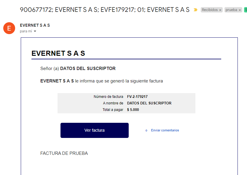 Correo de facturación de Evernet en la bandeja de entrada